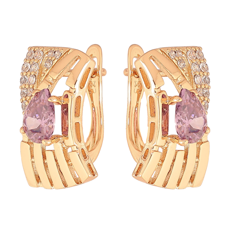 Серьги Xuping цвет Позолота 18К английский замок "Узор с сиреневыми кристаллами" фото №1