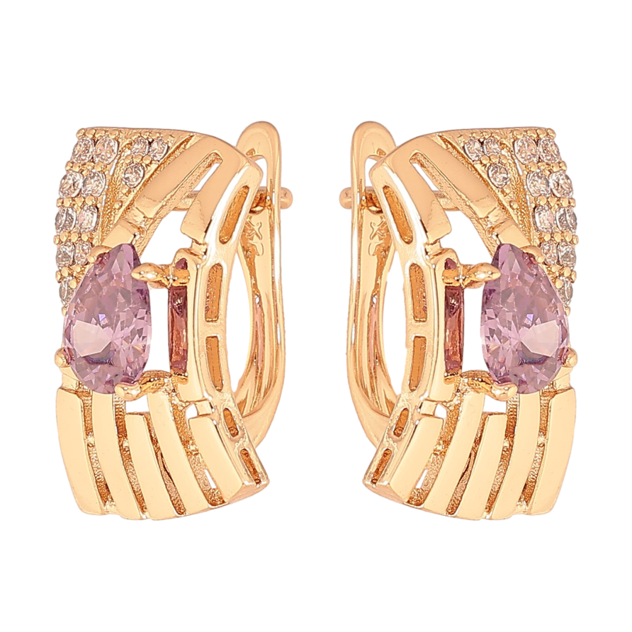 Сережки Xuping колір Позолота 18К англійський замок "Візерунок з бузковими кристалами" фото №1 Сережки Xuping колір Позолота 18К англійський замок "Візерунок з бузковими кристалами" фото №1