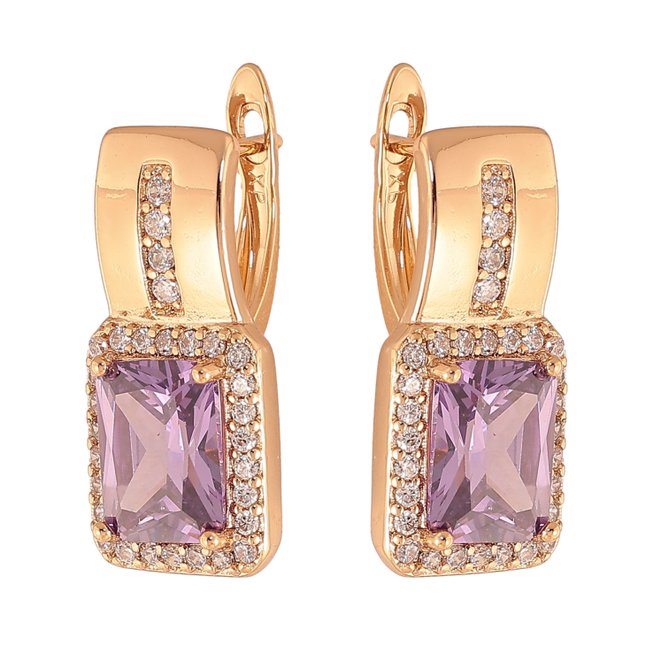 Сережки Xuping колір Позолота 18K англійський замок "Візерунок з бузковими кристалами" фото №23