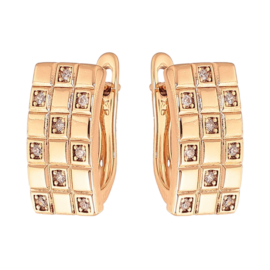 Сережки Xuping колір Позолота 18К англійський замок "Шаховий візерунок із кристалами" фото №1