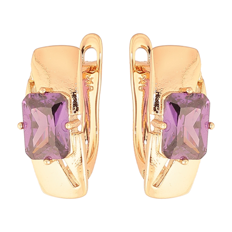 Сережки Xuping колір Позолота 18K англійський замок "Візерунок з бузковими кристалами" фото №1