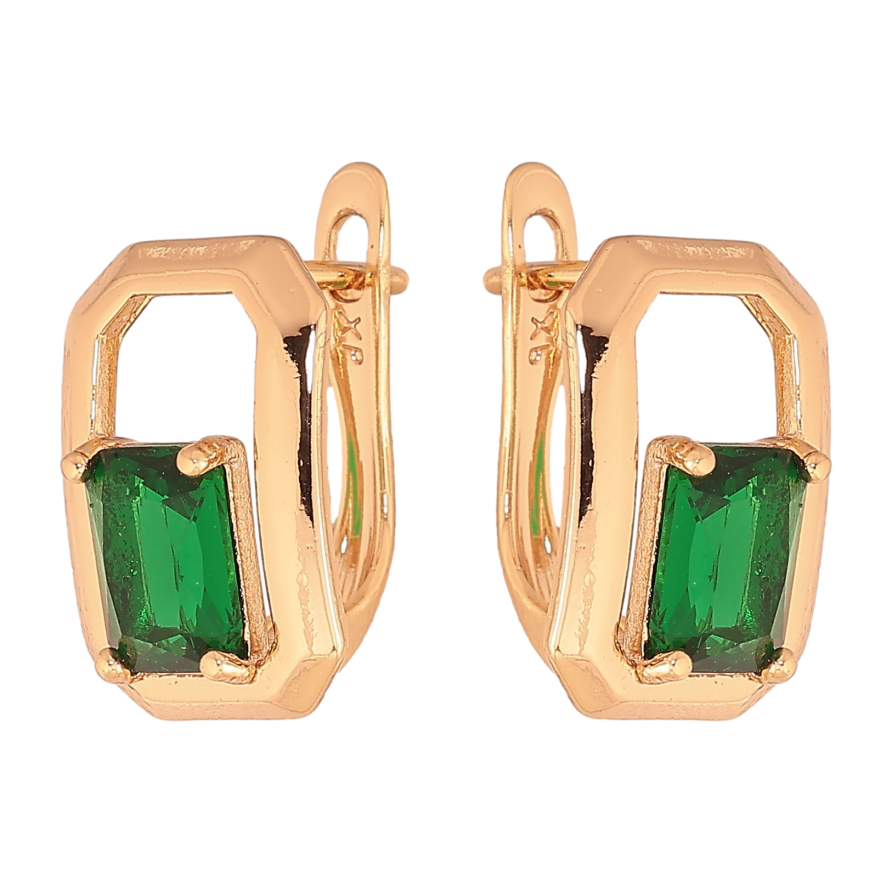 Серьги Xuping цвет Позолота 18К английский замок "Узор с зелеными кристаллами" фото №1