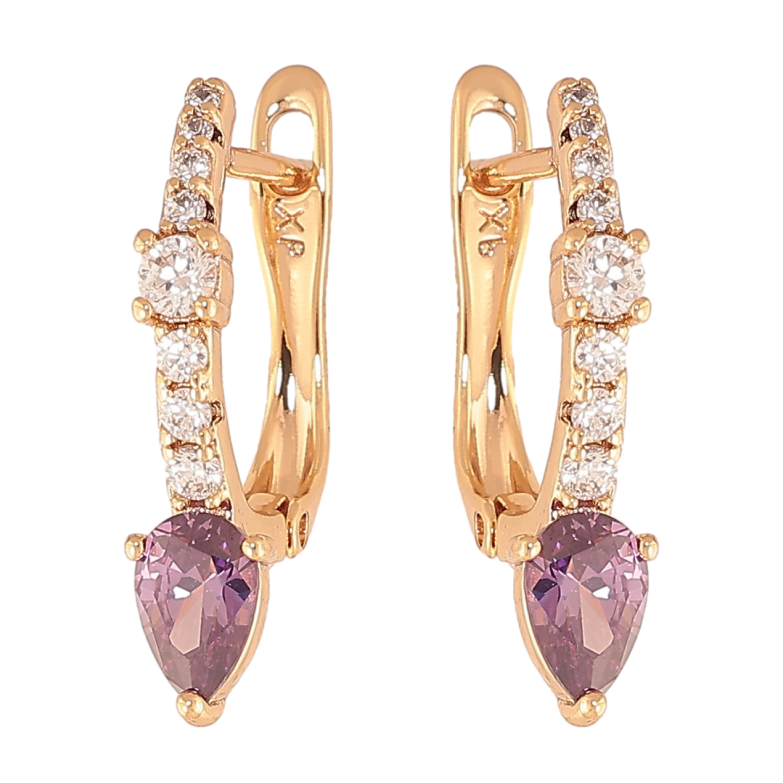 Сережки Xuping колір Позолота 18К англійський замок "Візерунок з бузковим кристалом" фото №1