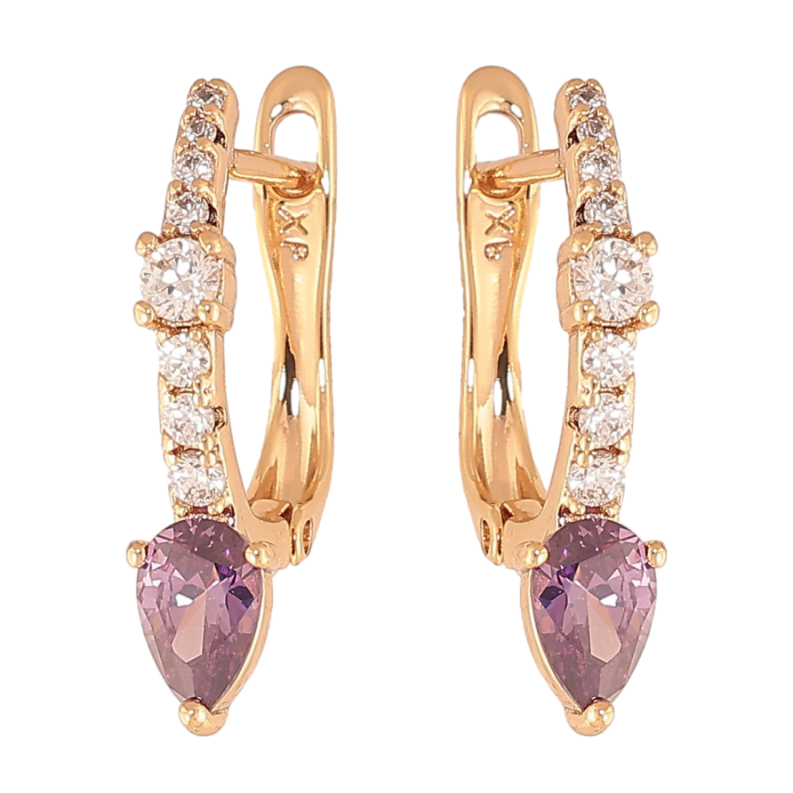 Сережки Xuping колір Позолота 18К англійський замок "Візерунок з бузковим кристалом" фото №1