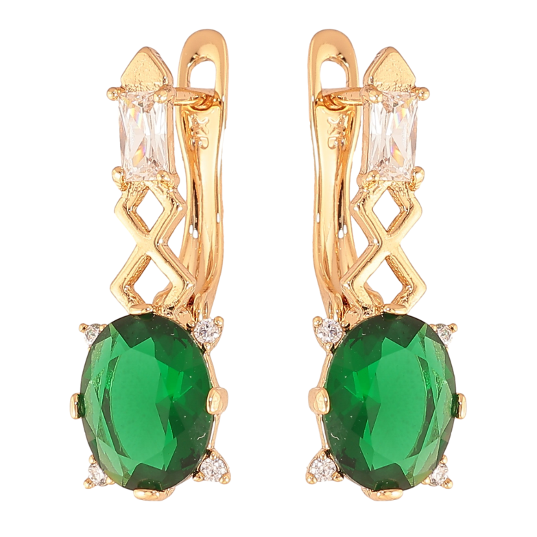 Сережки Xuping колір Позолота 18K англійський замок "Візерунок з зеленими кристалами" фото №1