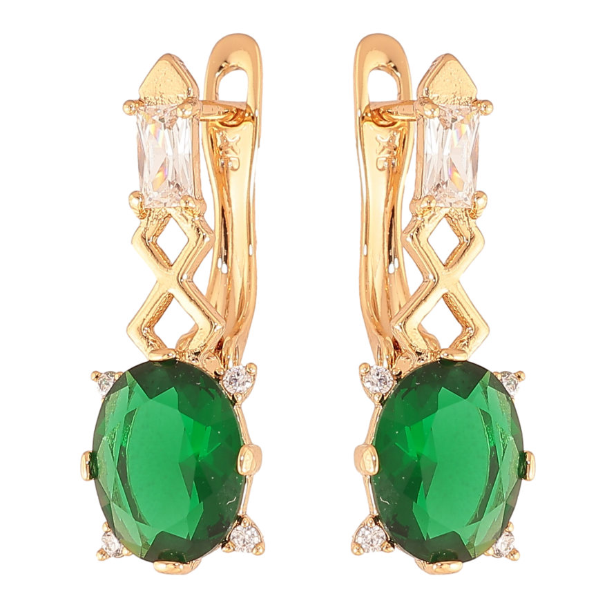 Сережки Xuping колір Позолота 18K англійський замок "Візерунок з зеленими кристалами" фото №1