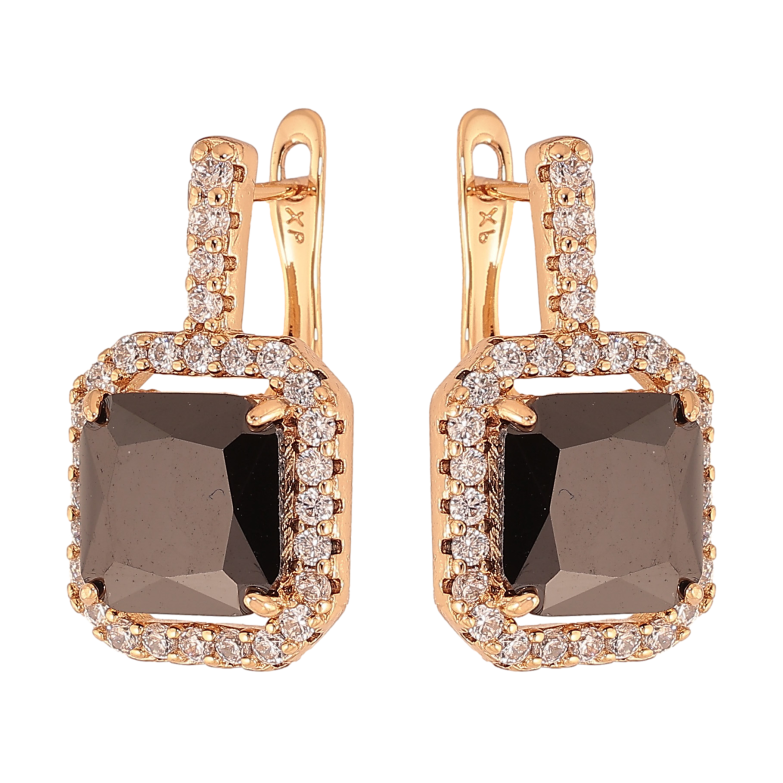 Серьги Xuping цвет Позолота 18К английский замок "Черные кристаллы в обрамлении" фото №1