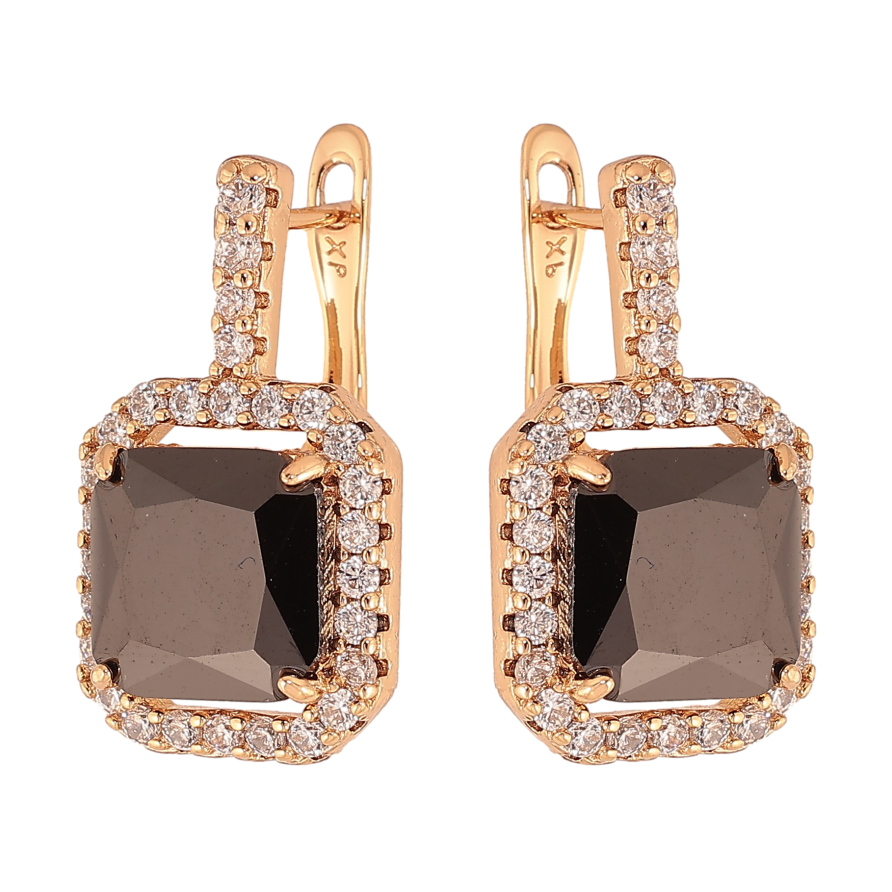 Сережки Xuping колір Позолота 18К англійський замок "Чорні кристали в обрамленні" фото №1