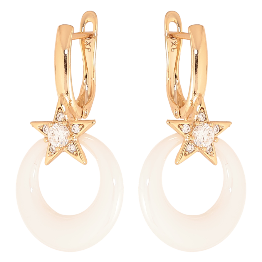 Сережки Xuping колір Позолота 18К англійський замок "Зірки з білими керамічними підвісками" фото №1