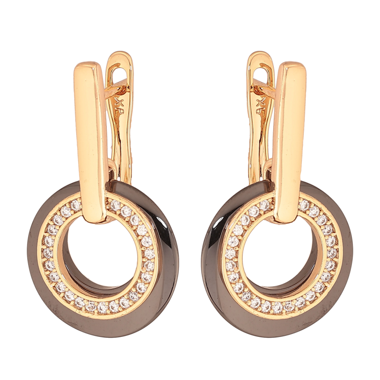 Сережки Xuping колір Позолота 18К англійський замок "Кільця з чорної кераміки та кристалами" фото №1