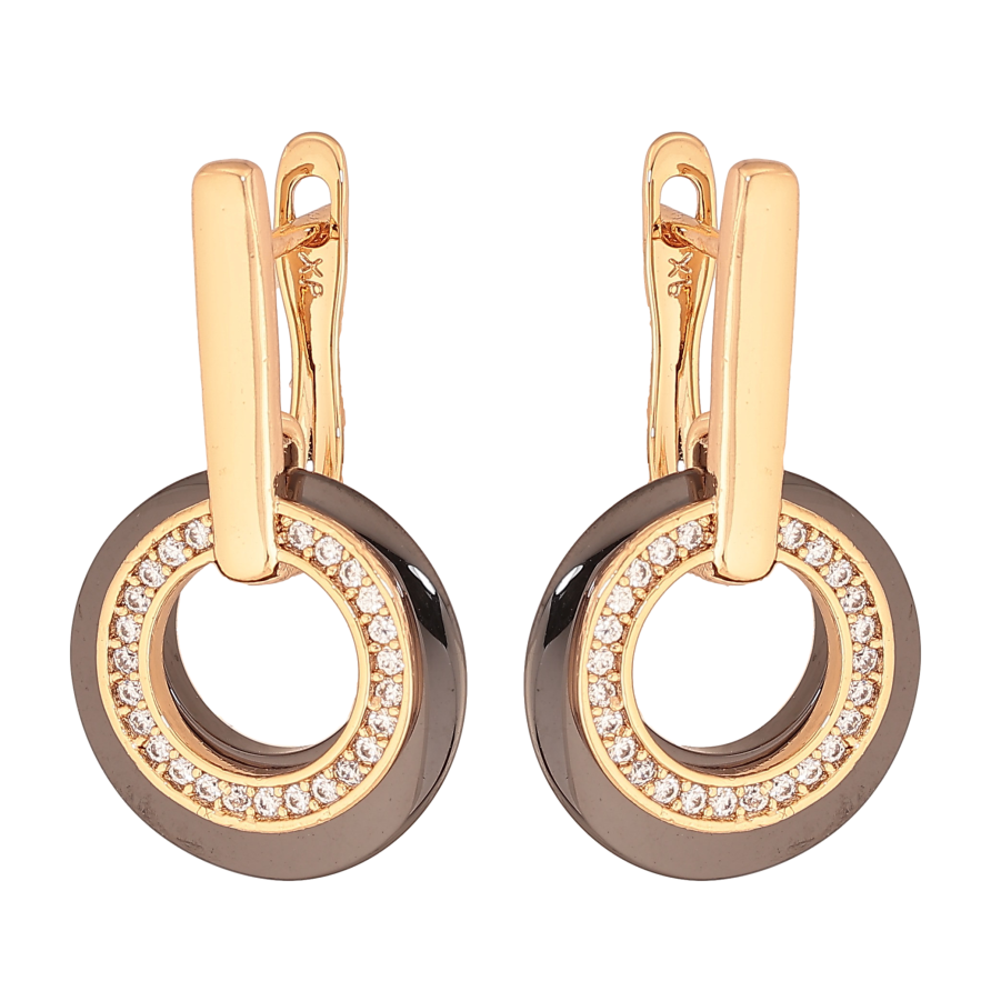 Сережки Xuping колір Позолота 18К англійський замок "Кільця з чорної кераміки та кристалами" фото №1