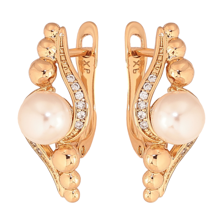 Серьги Xuping цвет Позолота 18К английский замок "Узор с жемчужинами и кристаллами" фото №6