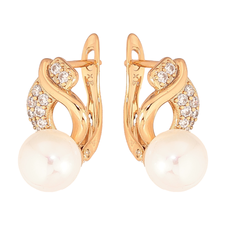 Сережки Xuping колір Позолота 18К англійський замок "Візерунок з перлинами та кристалами" фото №3