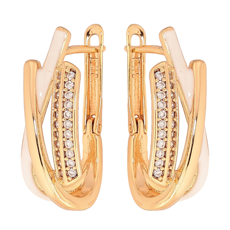 Серьги Xuping цвет Позолота 18К английський замок "Узор с кристаллами и белой эмалью" фото №17 Серьги Xuping цвет Позолота 18К английський замок "Узор с кристаллами и белой эмалью" фото №17