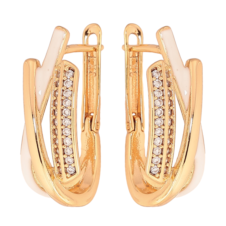 Сережки Xuping колір Позолота 18К англійський замок "Візерунок з кристалами і білою емаллю" фото №1