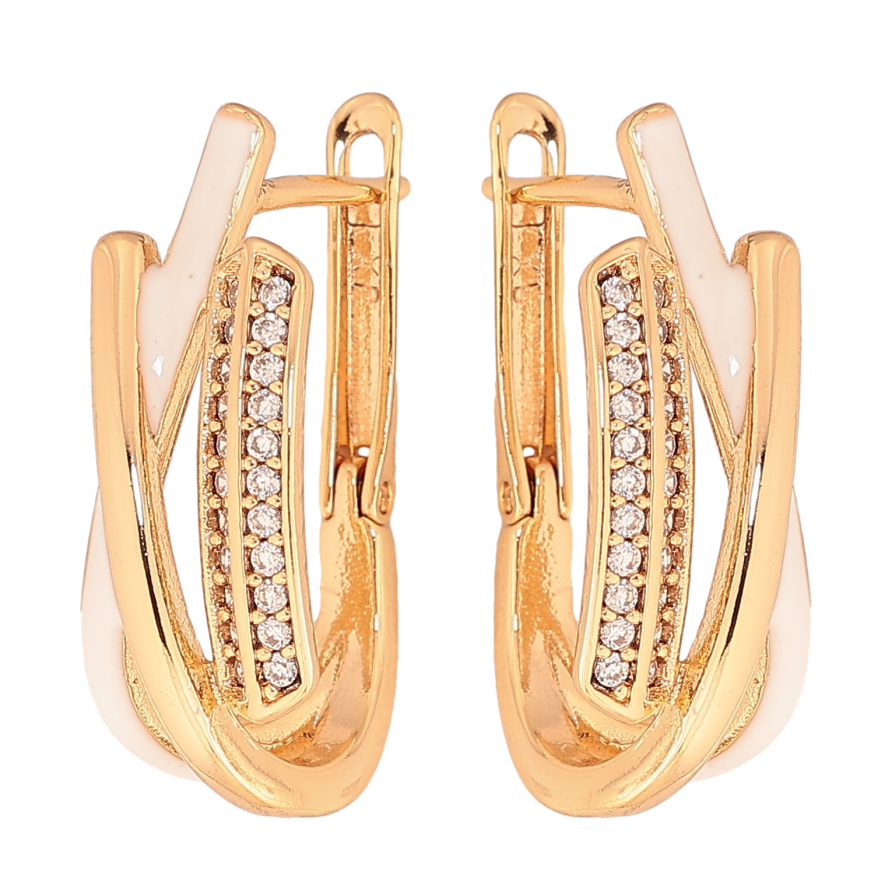 Серьги Xuping цвет Позолота 18К английський замок "Узор с кристаллами и белой эмалью" фото №1
