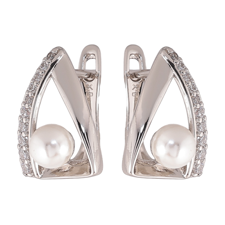 Серьги Xuping цвет Родий английский замок "Треугольники с кристаллами и жемчужинами" фото №1