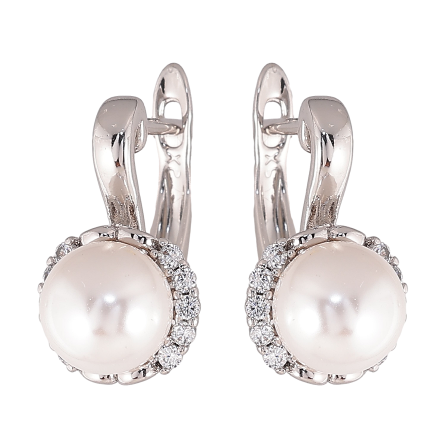 Серьги Xuping цвет Родий английский замок "Жемчужины в обрамлении кристаллов" фото №1