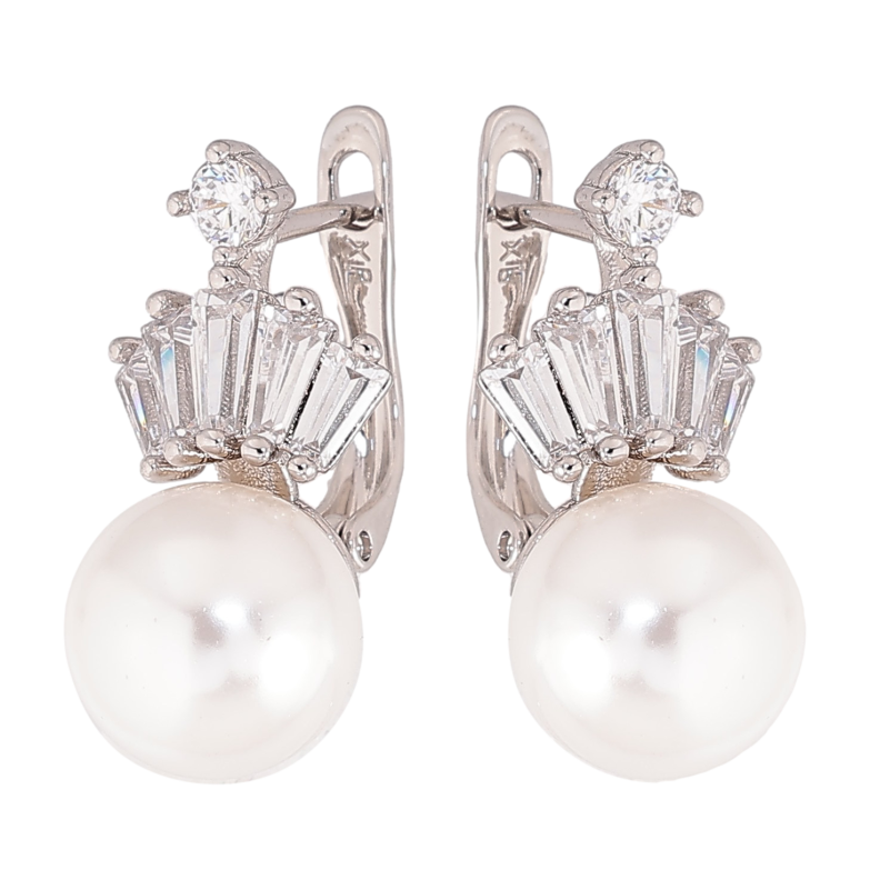 Серьги Xuping цвет Родий английский замок "Узор с кристаллами и жемчужинами" фото №4