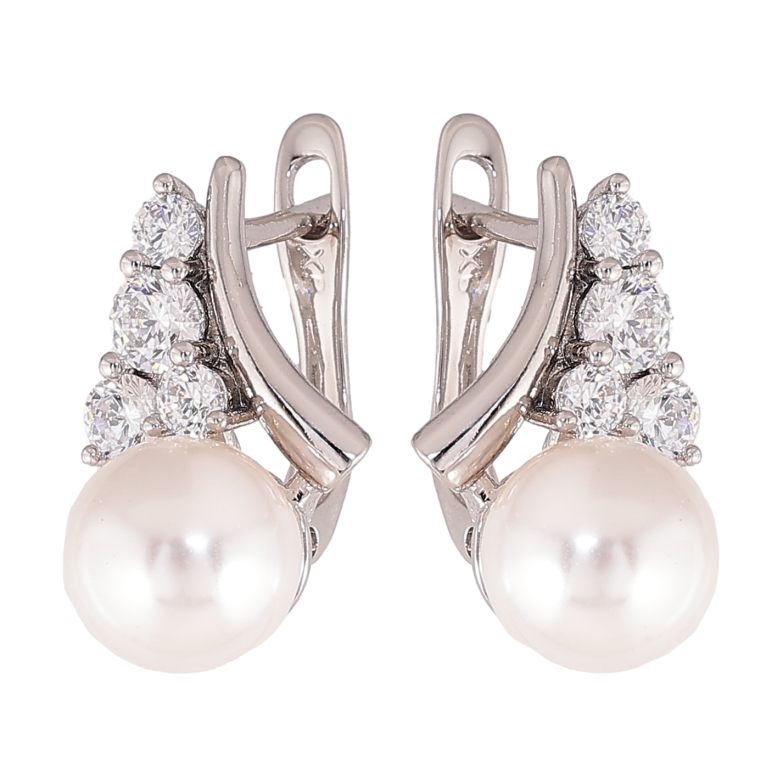 Серьги Xuping цвет Родий английский замок "Узор с кристаллами и жемчужинами" фото №1 Серьги Xuping цвет Родий английский замок "Узор с кристаллами и жемчужинами" фото №1