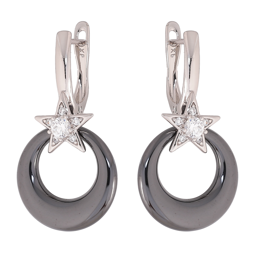 Серьги Xuping цвет Родий английский замок "Круглые подвески с черной керамики" фото №1