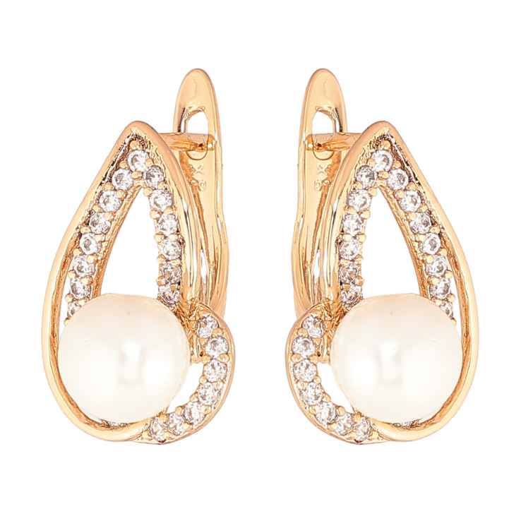 Сережки Xuping колір позолота 18K англійський замок візерунок з кристалами та перлинами фото №4