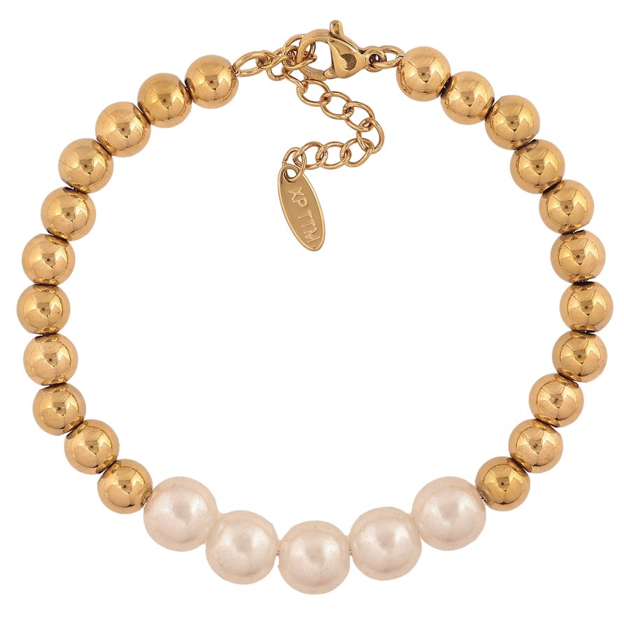 Браслет Xuping ТТМ Stainless Steel цвет 14К "Золотисто-жемчужные бусины" длина с доп. цепочкой 17-21см х 6-8мм фото №1 Браслет Xuping ТТМ Stainless Steel цвет 14К "Золотисто-жемчужные бусины" длина с доп. цепочкой 17-21см х 6-8мм фото №1