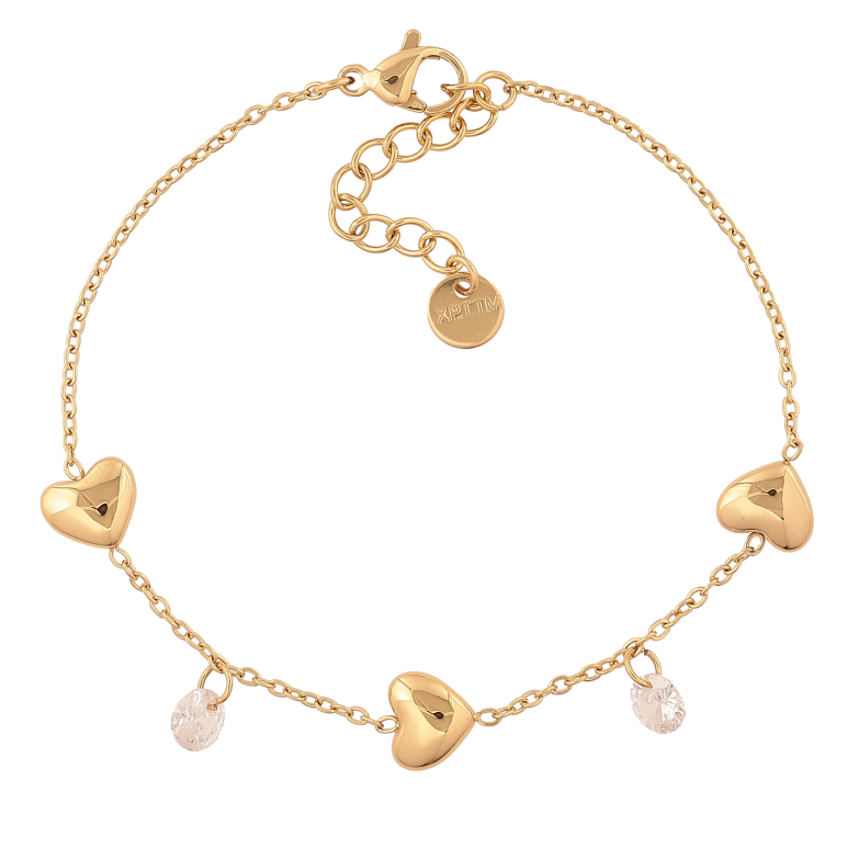 Браслет Xuping ТТМ Stainless Steel цвет 14К "Цепочка с сердечками и кристальными подвесками" длина с доп. цепочкой 17-20см х 1.5-8мм фото №1 Браслет Xuping ТТМ Stainless Steel цвет 14К "Цепочка с сердечками и кристальными подвесками" длина с доп. цепочкой 17-20см х 1.5-8мм фото №1