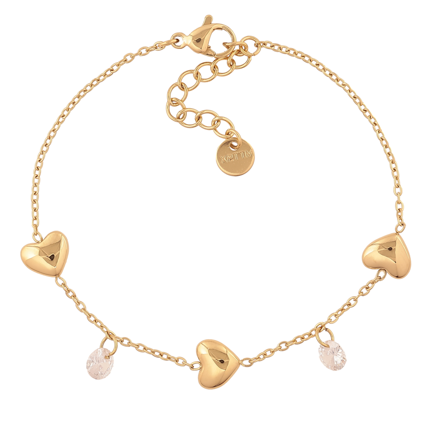 Браслет Xuping ТТМ Stainless Steel цвет 14К "Цепочка с сердечками и кристальными подвесками" длина с доп. цепочкой 17-20см х 1.5-8мм фото №1 Браслет Xuping ТТМ Stainless Steel цвет 14К "Цепочка с сердечками и кристальными подвесками" длина с доп. цепочкой 17-20см х 1.5-8мм фото №1