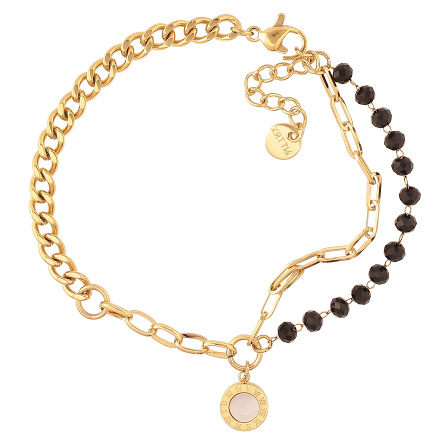 Браслет Xuping ТТМ Stainless Steel цвет 14К "Цепочка комбинированная с черными бусинами и подвеской" длина с доп. цепочкой 17.5-20.5см х 2.5-4мм фото №1