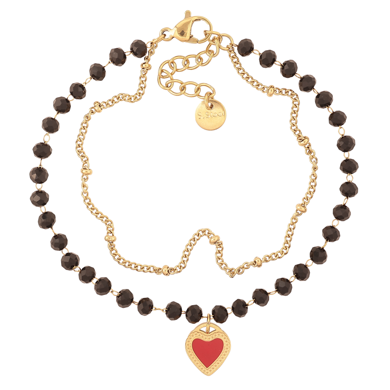 Браслет Xuping ТТМ Stainless Steel колір 14К "Два ланцюжки з чорними намистинами та серцем" довжина з дод. ланцюжком 16.5-19.5см х 2-3мм фото №1