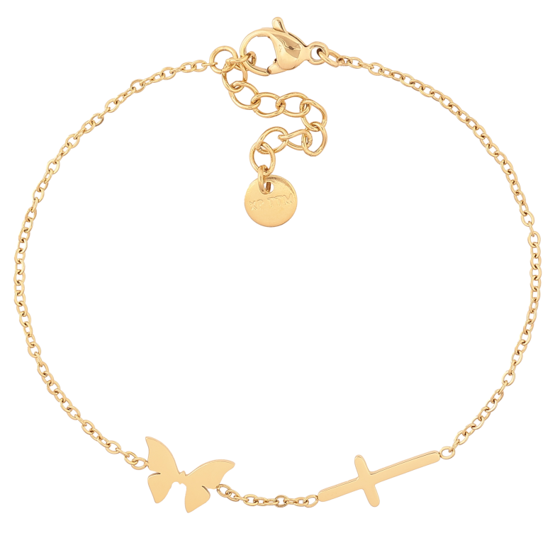 Браслет Xuping ТТМ Stainless Steel колір 14К "Ланцюжок з метеликом і хрестиком" довжина з дод. ланцюжком 17.5-20.5см х 1.5-7мм фото №1