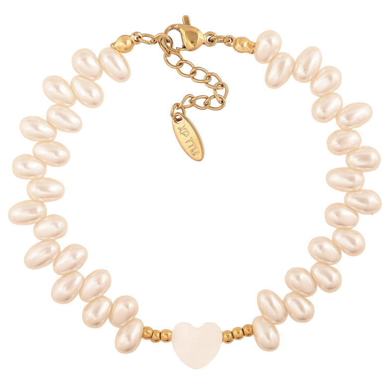 Браслет Xuping ТТМ Stainless Steel цвет 14К "Жемчужные бусины с перламутровым сердечком" длина с доп. цепочкой 17.5-21см х 2-10мм фото №1
