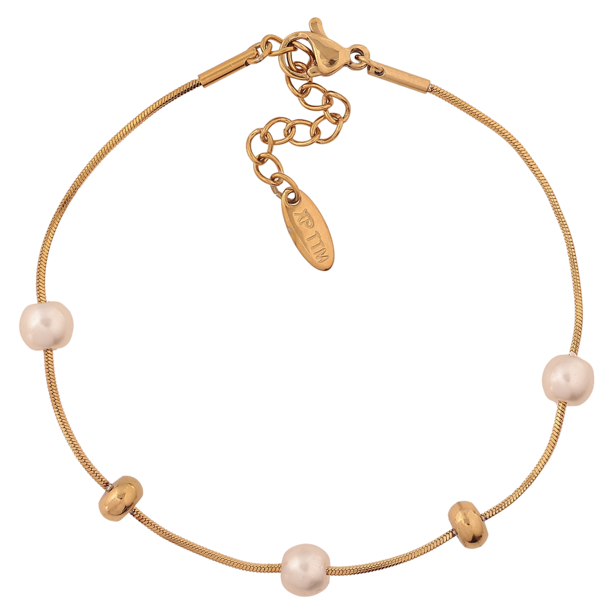 Браслет Xuping ТТМ Stainless Steel цвет 14К "Цепочка с жемчужными бусинами" длина с доп. цепочкой 18-21см х 1-6мм фото №1