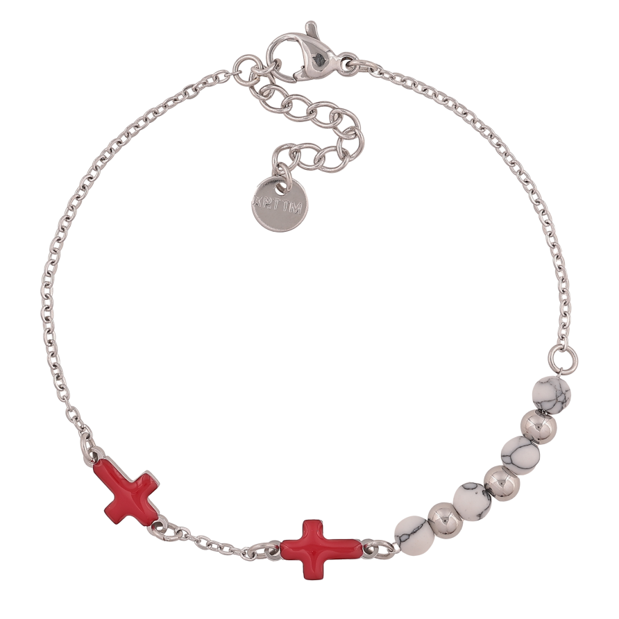 Браслет Xuping ТТМ Stainless Steel колір Родій "Червоні хрестики" довжина з дод. ланцюжком 17-20см х 1.5-7мм фото №1