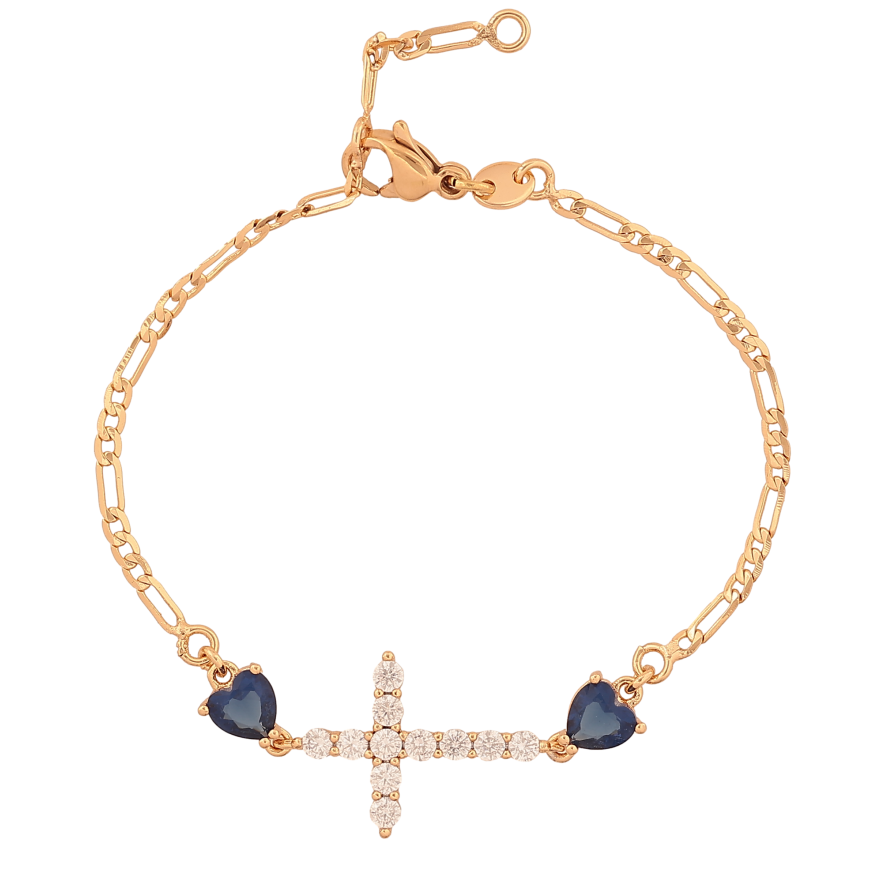 Браслет Xuping колір Позолота 18К "Хрестик з синіми кристальними серцями" розмір з дод. ланкою 15,16.5см х 2-13мм фото №1