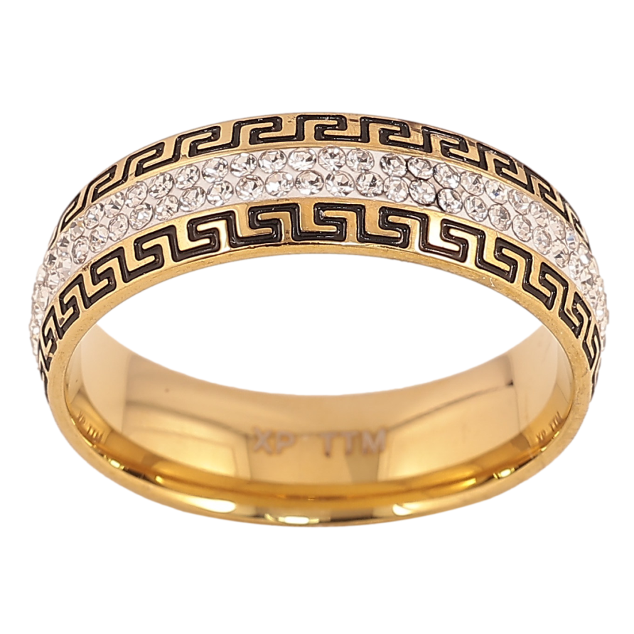 Кольцо Xuping TTM Stainless Steel цвет 14К "Узор с кристаллами и меандровыми линиями", шир. 6мм фото №1 Кольцо Xuping TTM Stainless Steel цвет 14К "Узор с кристаллами и меандровыми линиями", шир. 6мм фото №1