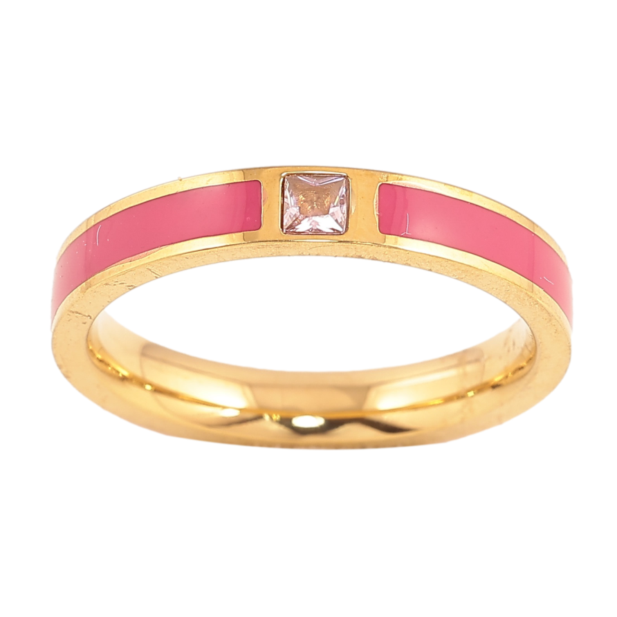 Кольцо Xuping TTM Stainless Steel цвет 14К "Узор с кристаллом и розовой эмалью" шир. 3.5мм фото №1
