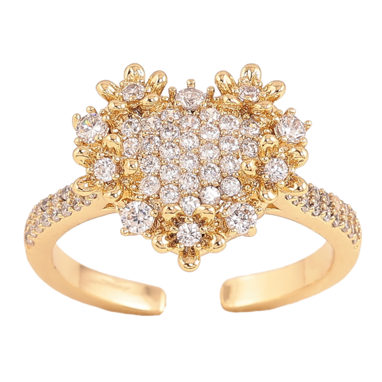 Каблучка Xuping колір Позолота 14K "Сердечко з квіточками та кристалами" фото №1 Каблучка Xuping колір Позолота 14K "Сердечко з квіточками та кристалами" фото №1