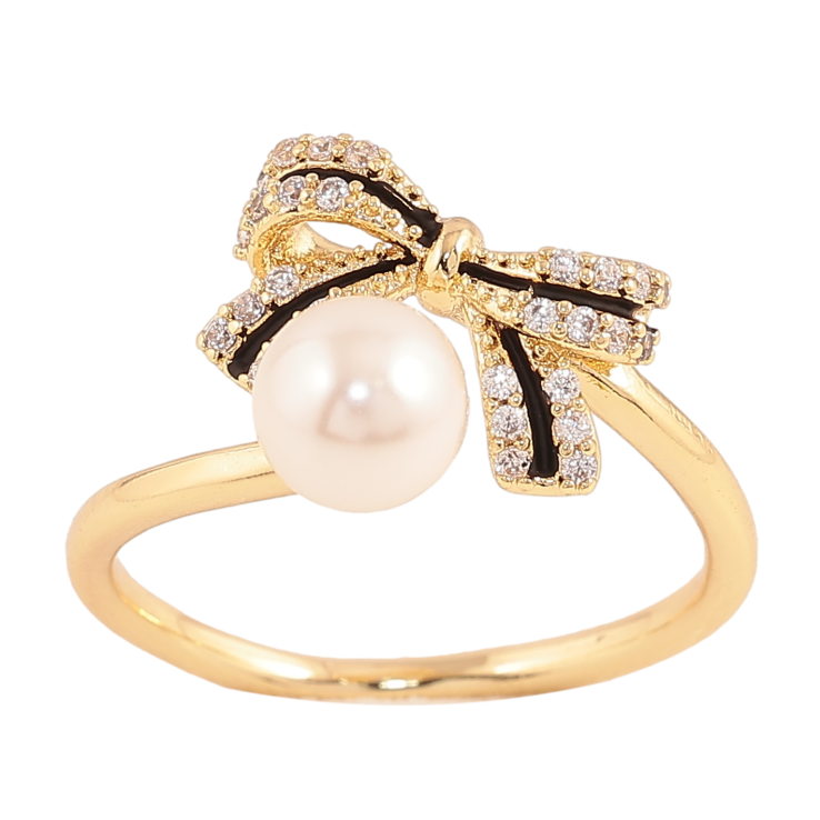 Каблучка Xuping колір Позолота 14K "Бант з кристалами, чорною емаллю та перлиною" фото №9 Каблучка Xuping колір Позолота 14K "Бант з кристалами, чорною емаллю та перлиною" фото №9
