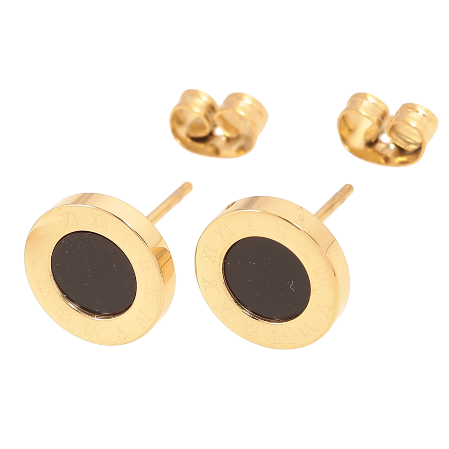 Сережки Xuping TTM Stainless Steel колір 14К пусети "Циферблат із чорними вставками" ø 10мм фото №1