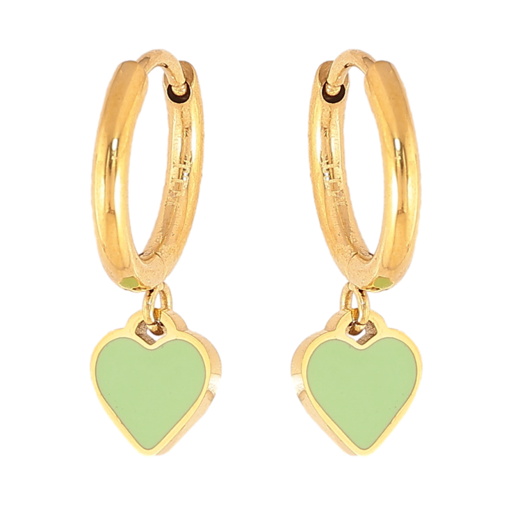 Сережки Xuping TTM Stainless Steel колір 14К підвіски на колечках "Сердечки з салатовою емаллю" фото №3