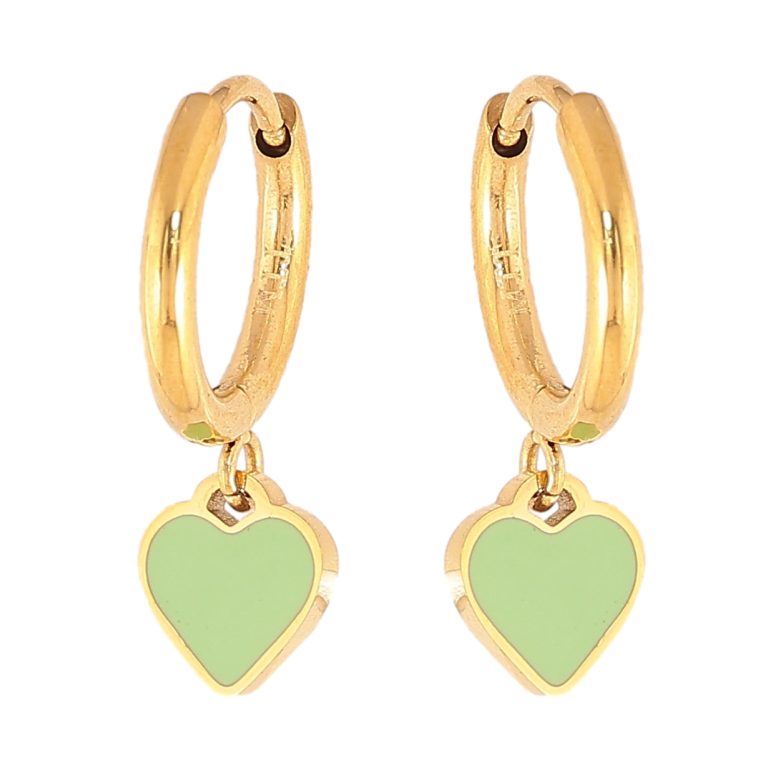 Сережки Xuping TTM Stainless Steel колір 14К підвіски на колечках "Сердечки з салатовою емаллю" фото №1 Сережки Xuping TTM Stainless Steel колір 14К підвіски на колечках "Сердечки з салатовою емаллю" фото №1