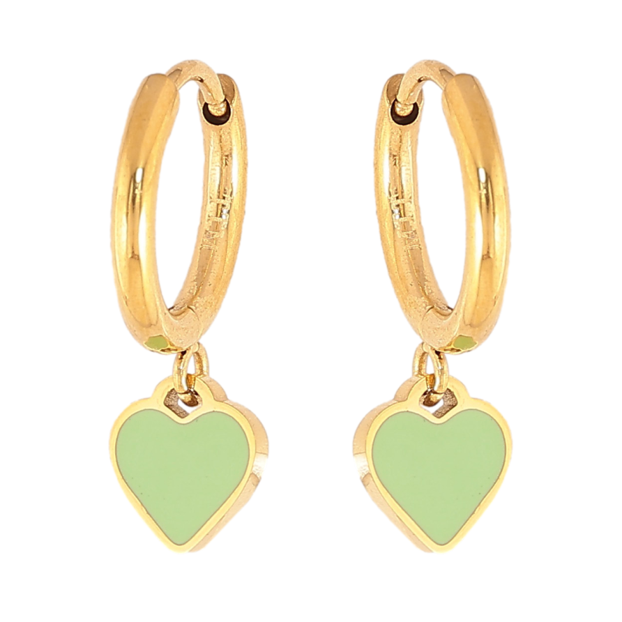 Сережки Xuping TTM Stainless Steel колір 14К підвіски на колечках "Сердечки з салатовою емаллю" фото №1 Сережки Xuping TTM Stainless Steel колір 14К підвіски на колечках "Сердечки з салатовою емаллю" фото №1