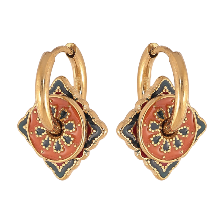 Сережки Xuping TTM Stainless Steel колір 14К підвіски на колечках "Візерунок емаллю" 2 в 1 фото №5