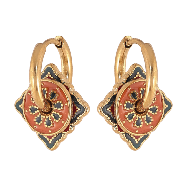 Серьги Xuping TTM Stainless Steel цвет 14К подвески на колечках "Узор эмалью" 2 в 1 фото №1