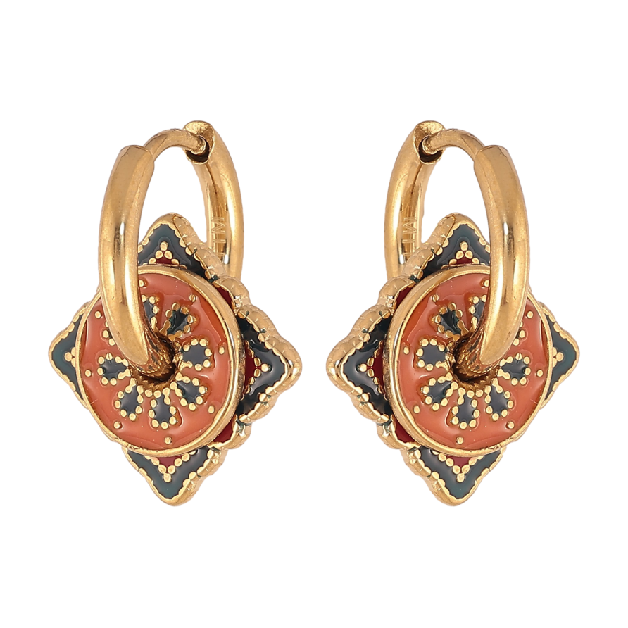 Сережки Xuping TTM Stainless Steel колір 14К підвіски на колечках "Візерунок емаллю" 2 в 1 фото №1 Сережки Xuping TTM Stainless Steel колір 14К підвіски на колечках "Візерунок емаллю" 2 в 1 фото №1