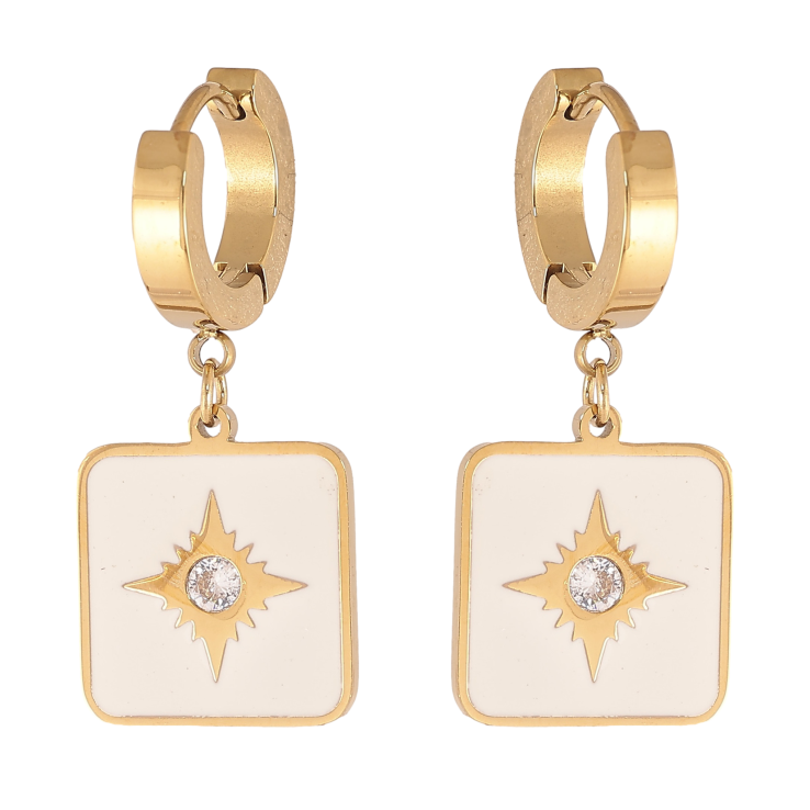 Сережки Xuping TTM Stainless Steel колір 14К підвіски на колечках "Візерунок з білою емаллю та кристалами" фото №11