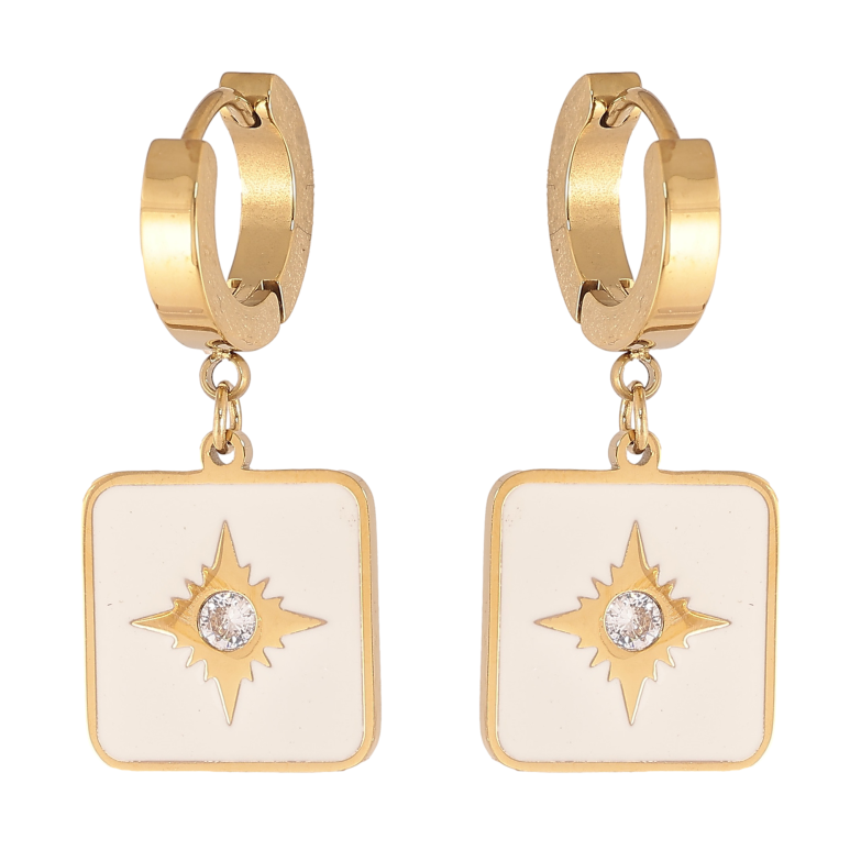 Серьги Xuping TTM Stainless Steel цвет 14К подвески на колечках "Узор с белой эмалью и кристаллами" фото №1 Серьги Xuping TTM Stainless Steel цвет 14К подвески на колечках "Узор с белой эмалью и кристаллами" фото №1