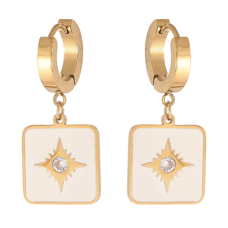 Сережки Xuping TTM Stainless Steel колір 14К підвіски на колечках "Візерунок з білою емаллю та кристалами" фото №1 Сережки Xuping TTM Stainless Steel колір 14К підвіски на колечках "Візерунок з білою емаллю та кристалами" фото №1